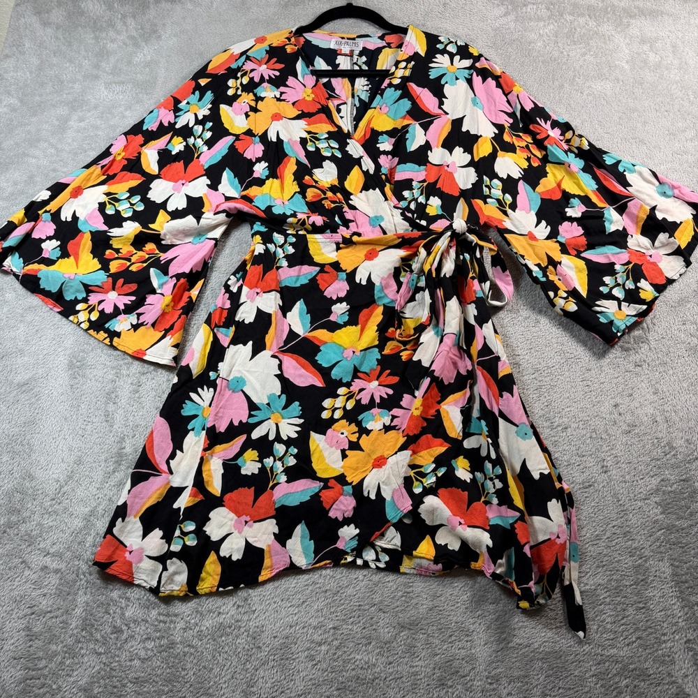 XIX Palms Hawaii Kimono Wrap Dress Women Large Black Floral Sleeve Rayon Mini